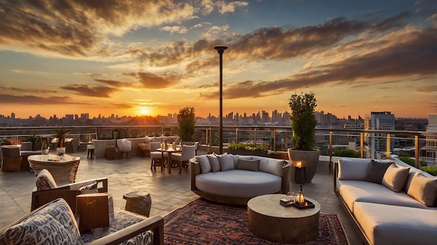 a balcony with a view of the city skyline and the city