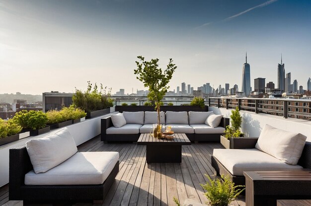 Photo a balcony with a view of the city skyline