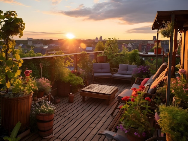 a balcony with a view of the city and the sun setting