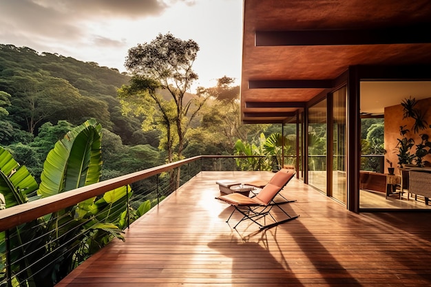 A balcony with a view of the jungle