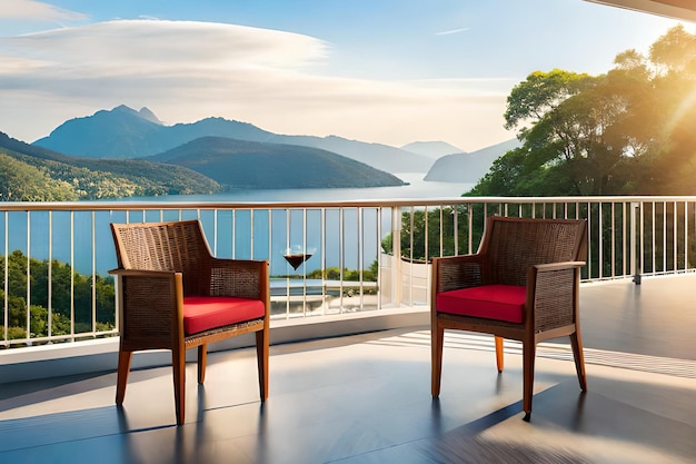 A balcony with a view of the lake and mountains