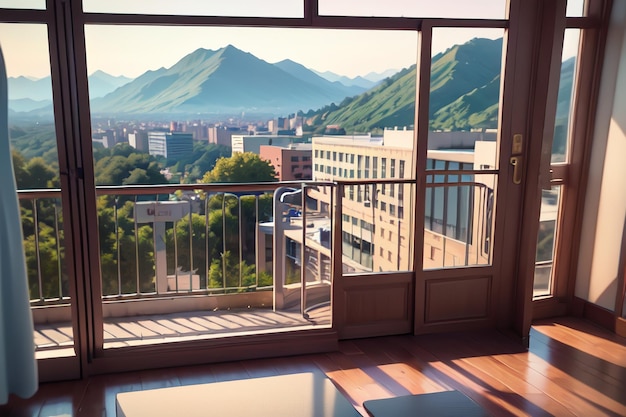 A balcony with a view of a mountain and a mountain.