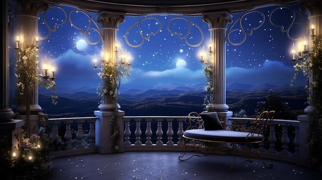 A balcony with a view of the mountains at night