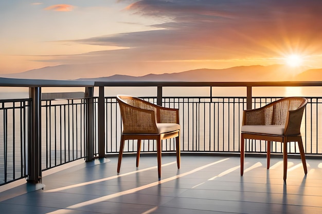 A balcony with a view of the mountains and the ocean.