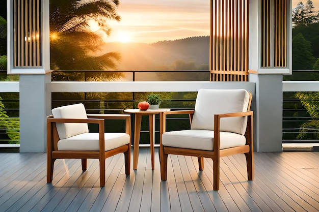 A balcony with a view of the mountains and a tree.