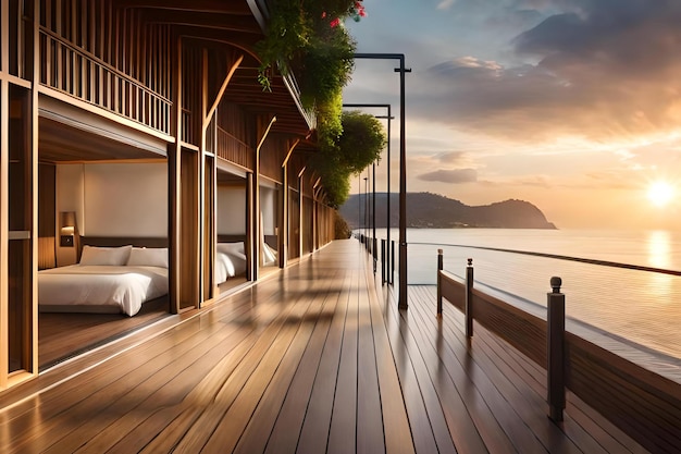 A balcony with a view of the ocean and a bed on the deck.