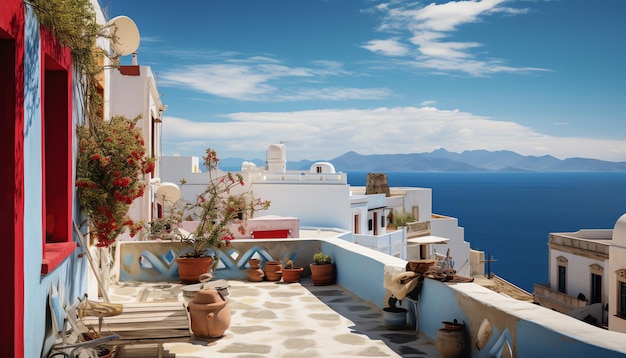 a balcony with a view of the ocean and a blue sky