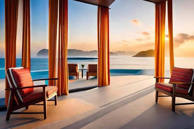 A balcony with a view of the ocean and mountains