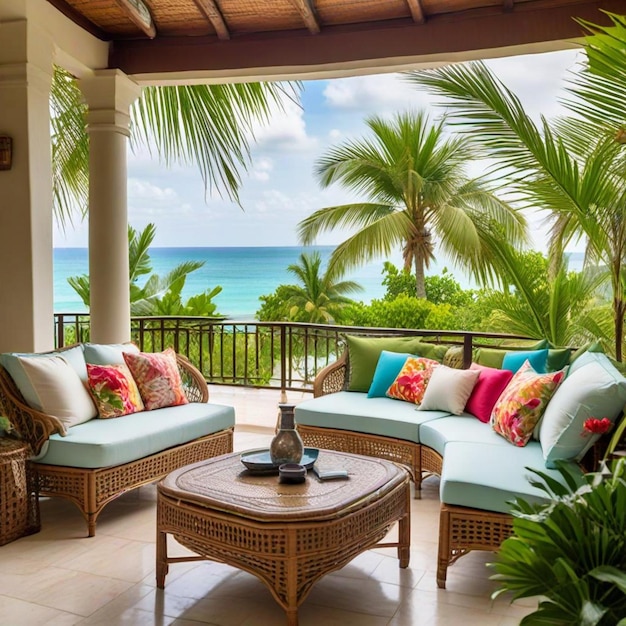 a balcony with a view of the ocean and palm trees