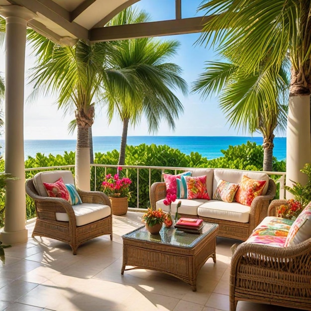 a balcony with a view of the ocean and palm trees