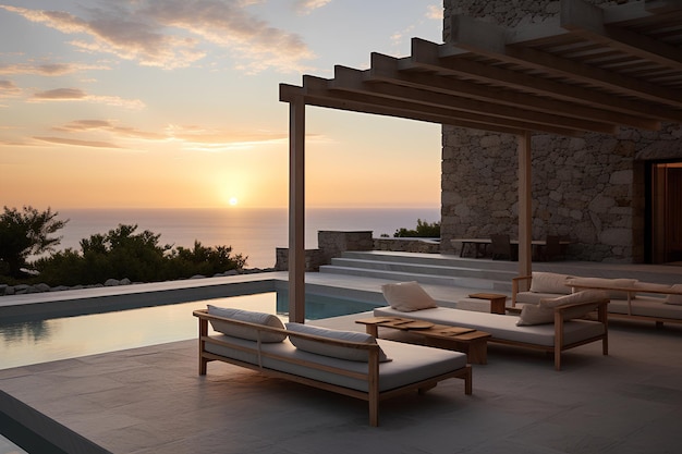 a balcony with a view of the ocean and a sun set