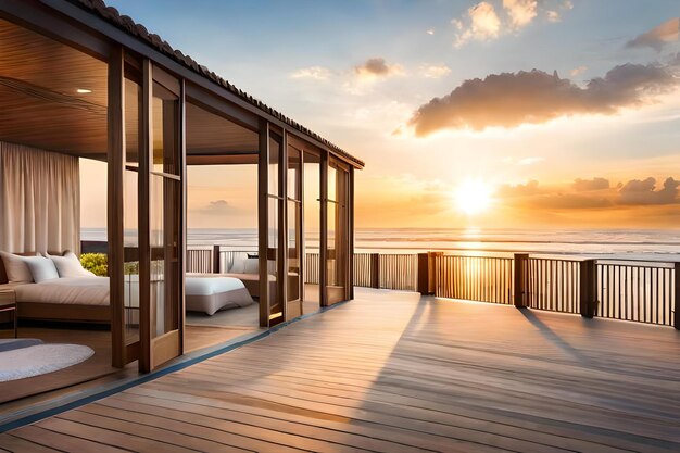 A balcony with a view of the ocean and the sun setting over the ocean.