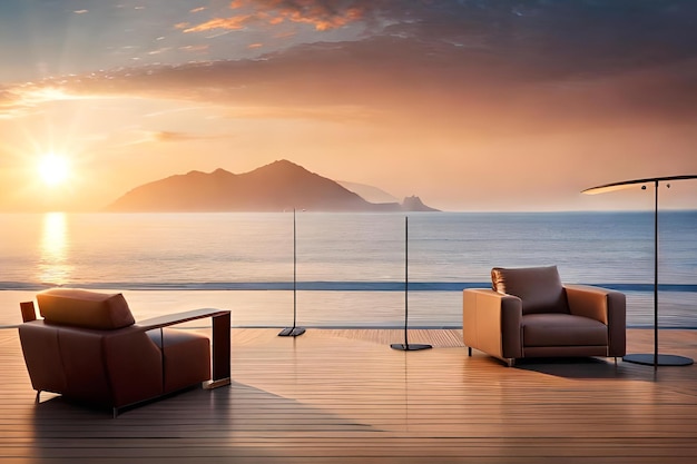 A balcony with a view of the ocean and a sunset.