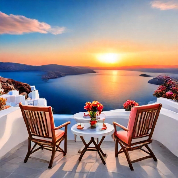 a balcony with a view of the ocean and a table with flowers and a view of the ocean