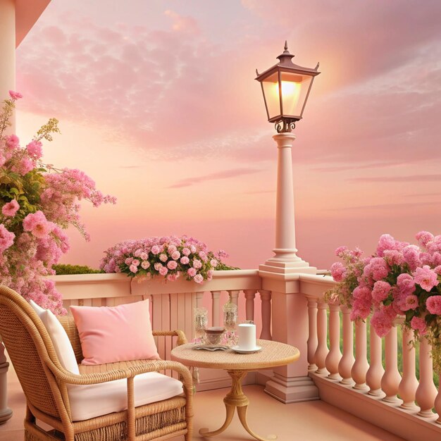 Photo a balcony with a view of a sunset and a pink sky