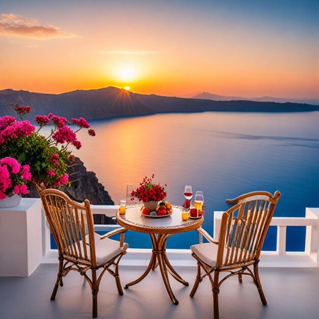 a balcony with a view of a sunset and a table with flowers and a view of the ocean