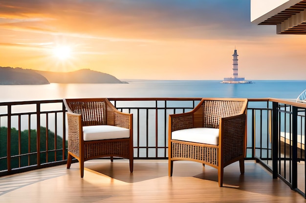 A balcony with wicker chairs and a lighthouse in the background