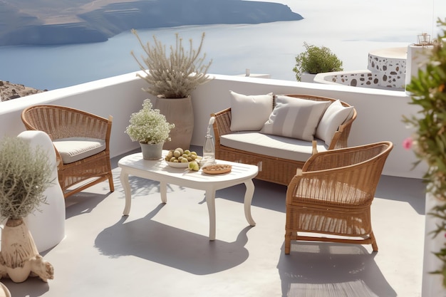 A balcony with wicker furniture and a table with a vase of flowers on it.