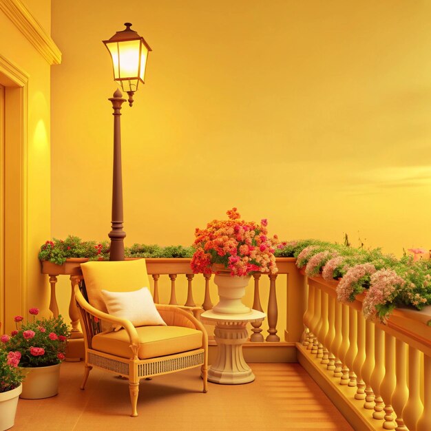 Photo a balcony with a yellow wall and a chair and a lamp