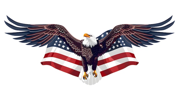 Bald Eagle 3D Flat Icon Soaring with American Flag National Pride and Freedom USA Isolated White