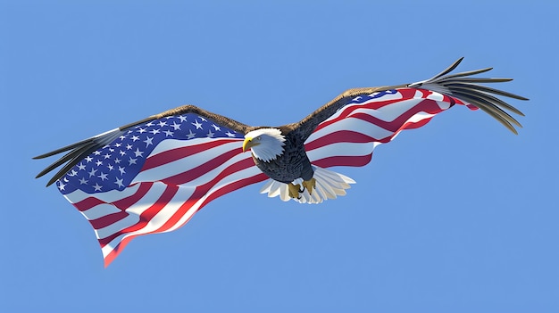 Bald Eagle 3D Flat Icon with Waving American Flag for National Pride and Freedom USA Copy Space Av