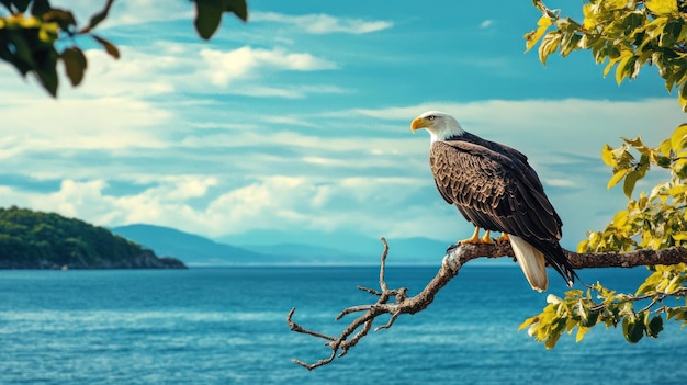 Bald Eagle on a Branch Overlooking the Ocean