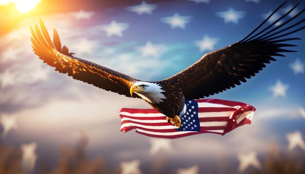 A bald eagle flies in front of a flag that says039freedom 039