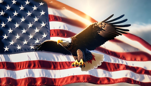 A bald eagle flies in front of a flag that says039freedom 039