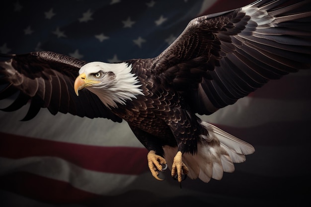 A bald eagle flies in front of a flag