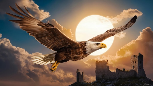 a bald eagle flies in front of a sun with the sun behind it