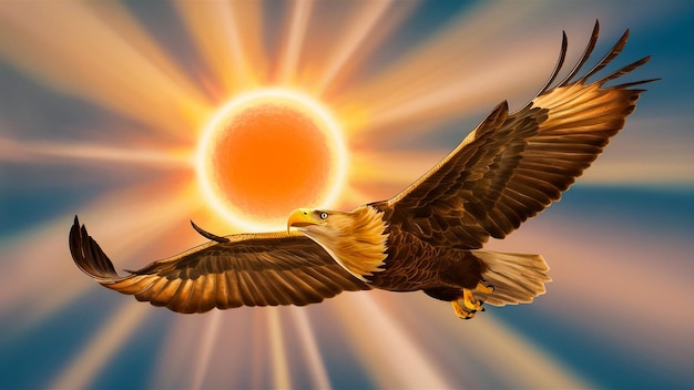 a bald eagle flies in front of a sun with the sun behind it