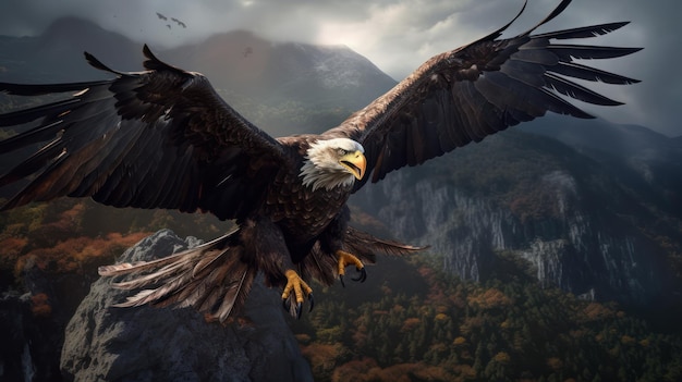 A bald eagle flies over a mountain landscape with a mountain in the background.