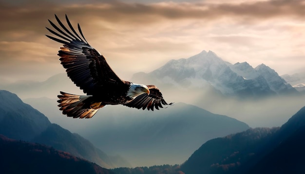 A bald eagle flies over a mountain landscape with mountains in the background.