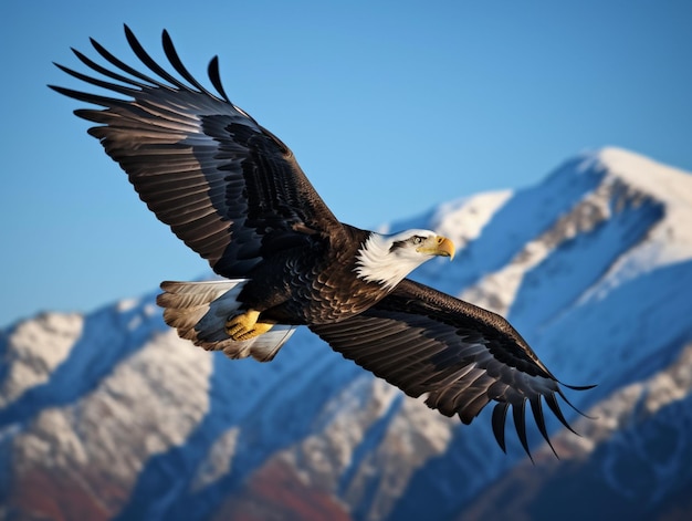 A bald eagle flies over a mountain range.