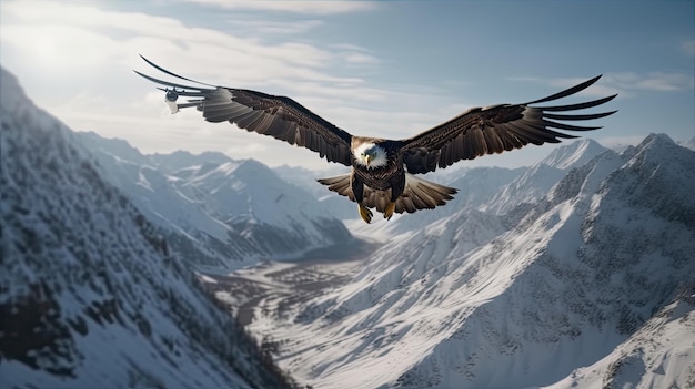 A bald eagle flies over a snowy mountain.