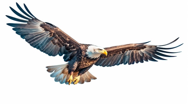 The bald eagle flies on a white background Generative AI