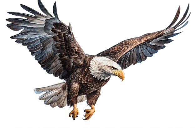 A bald eagle flies with its wings spread.