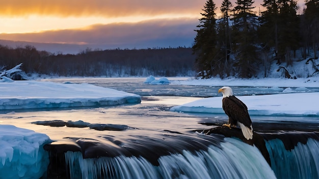 Bald Eagle in flight over a frozen lake with snow and blue sky winter photography