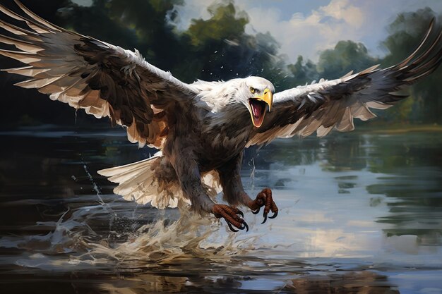 Bald Eagle in flight over a lake 3D illustration Generative AI