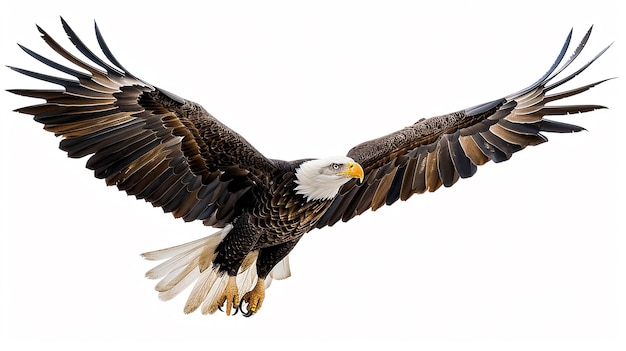 Bald eagle flying against blurry background