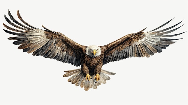 Bald eagle flying draw and paint on white background