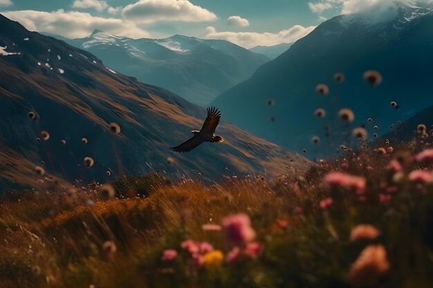 Bald eagle flying and gliding slowly and majestic on the sky over high mountains Concept of wildlife and pure nature Neural network AI generated