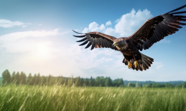 Bald Eagle Flying on Green Field Blue Sky Background Generative Ai