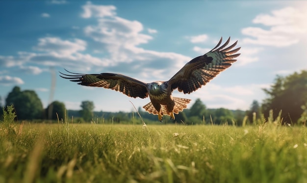 Bald Eagle Flying on Green Field Blue Sky Background Generative Ai