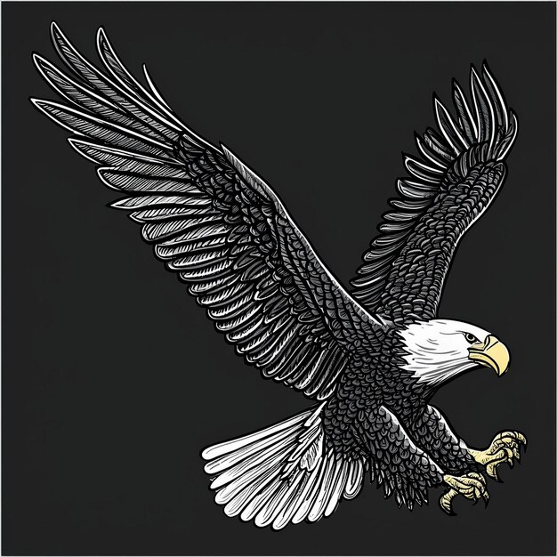 Bald eagle flying hand draw sketch black line on white background