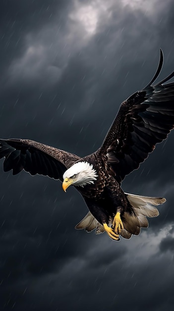 Bald eagle flying in the rain