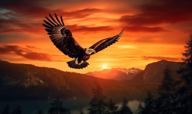 Bald Eagle Flying on Sunset Background Generative Ai