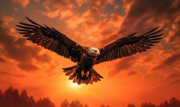 Bald Eagle Flying on Sunset Background Generative Ai