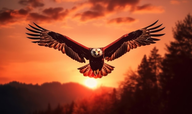 Bald Eagle Flying on Sunset Background Generative Ai