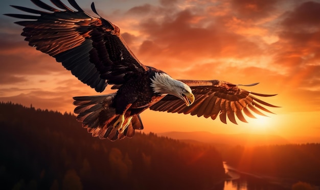 Bald Eagle Flying on Sunset Background Generative Ai